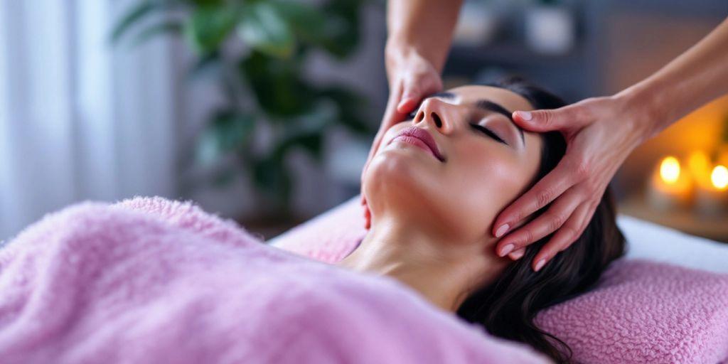 Henkilö saa rauhoittavaa hierontaa niskasta ja päästä.
